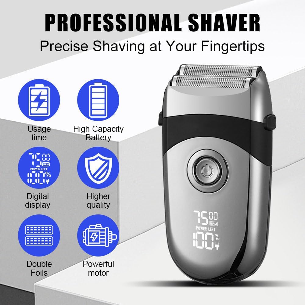 Electric Foil Shaver for Men: Portable Razor for Beard/Face - 3 Floating Blade LED Display Fast Rechargeable IPX7 Waterproof for Travel & Home Carbon
