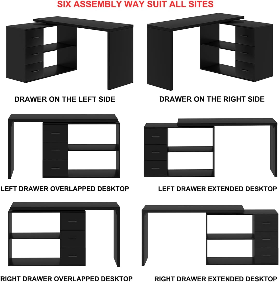 HSH Black L Shaped Computer Desk with Drawers, Home Office Desk with Storage Cabinet Shelves, Reversible Corner Wood Writing Desk for Executive Work Study, Large Bedroom Computer Table, 55 Inch