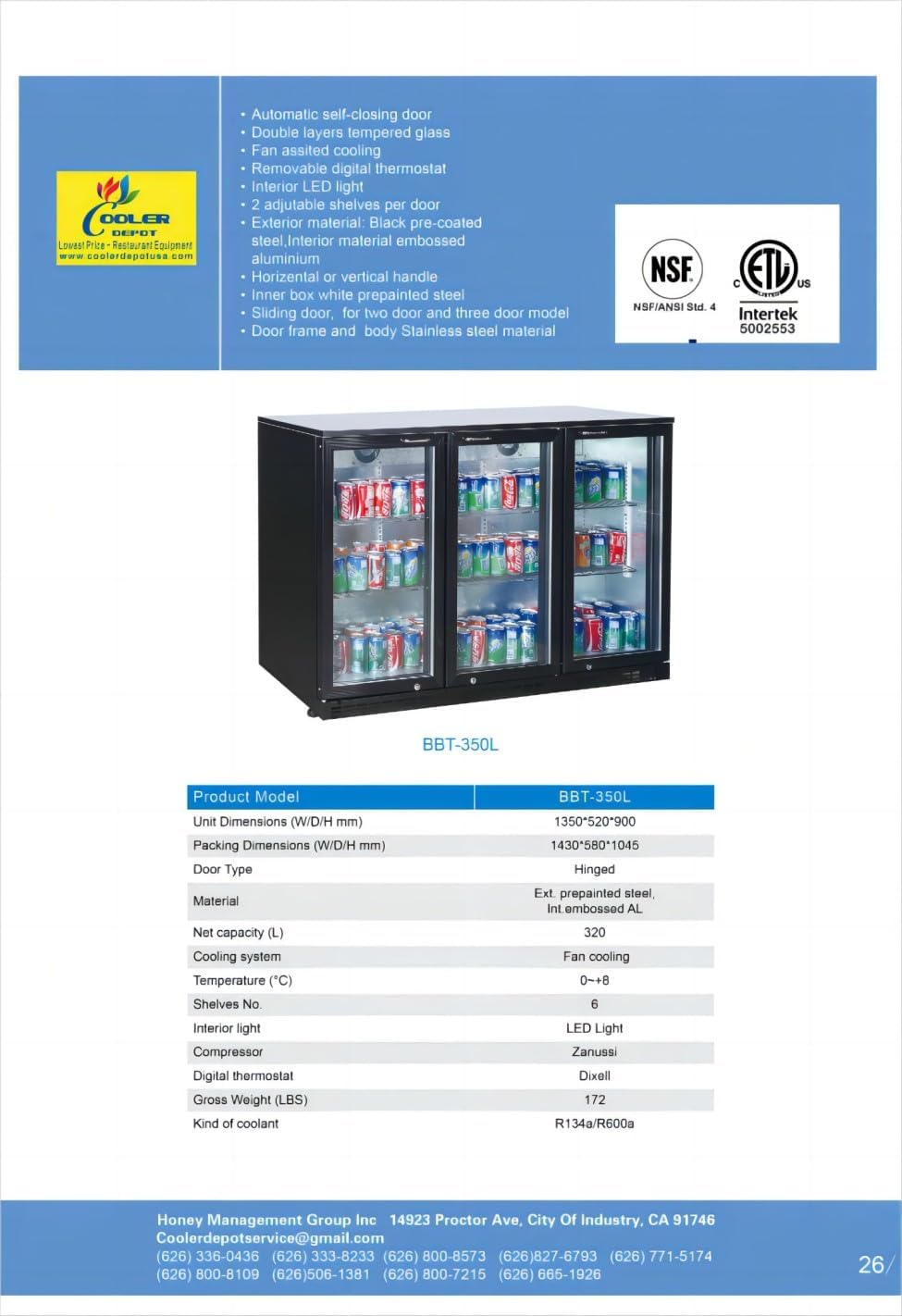 Beer Back Bar Cooler 3 Glass Door (Swing Door) 53' Width Beer Fridge NSF Certified Beverage Refrigerator 11.8 cu.ft Under Counter Height 35°-46°F Black bb3dup