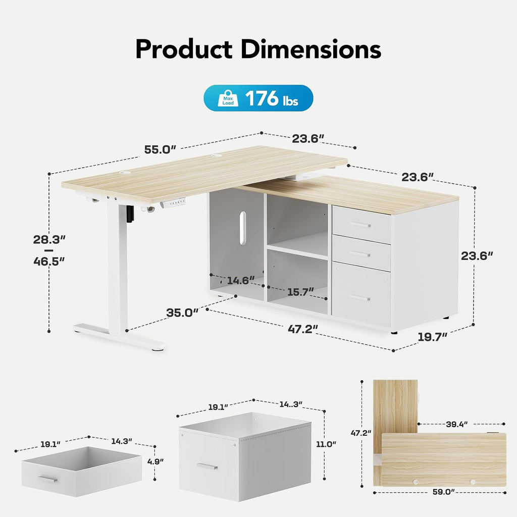 HUANUO L Shaped Standing Desk, Electric Executive Desk with Drawers, Adjustable Height Stand Up Desk, 55″ x 23.6″ One-Whole Piece Desktop, Computer Desk with 4 Memory Presets, Light Walnut