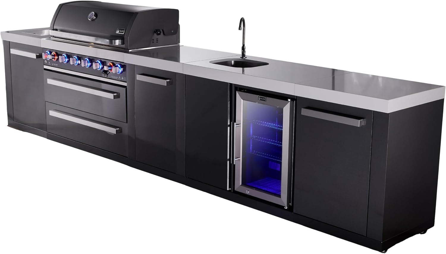 Mont Alpi Premium 157' Black Stainless Steel Outdoor Kitchen Island with Refrigerator + Beverage Center Faucet & Sink + 44'W 6-Burner BBQ Gas Grill + Granite Countertops + Storage Cabinets & Drawers
