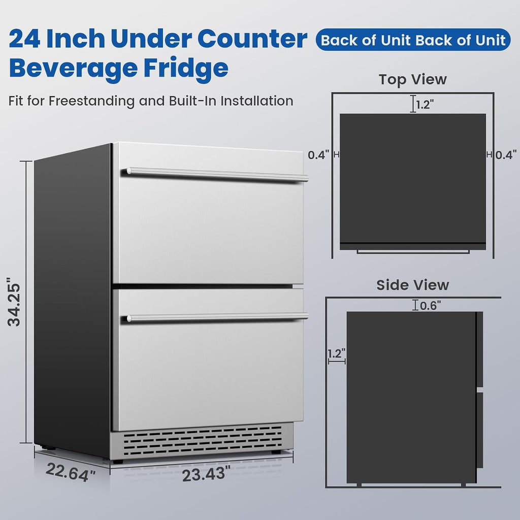 24 Inch Beverage Refrigerator, Under Counter Double Drawer Fridge for Drink Soda Beer, 37-64°F, Freestanding/Built-in Stainless Steel Beverage Cooler for Home Outdoor Commercial Use