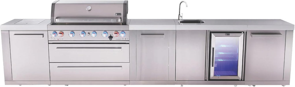 Mont Alpi Premium 157'W Stainless Steel Outdoor Kitchen Island with Refrigerator + Beverage Center Faucet & Sink + 44'W 6-Burner BBQ Gas Grill + White Granite Countertops + Storage Cabinets & Drawers