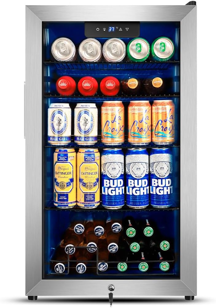Tylza Beverage Refrigerator Cooler, 130 Cans 3.22 Cu.Ft Small Refrigerator with Low-E Glass Door, Lock, 17-Inch Beer Fridge for Drinks, Beer and Wine, Mini Fridge for Bedroom, Office and Bar, Silver