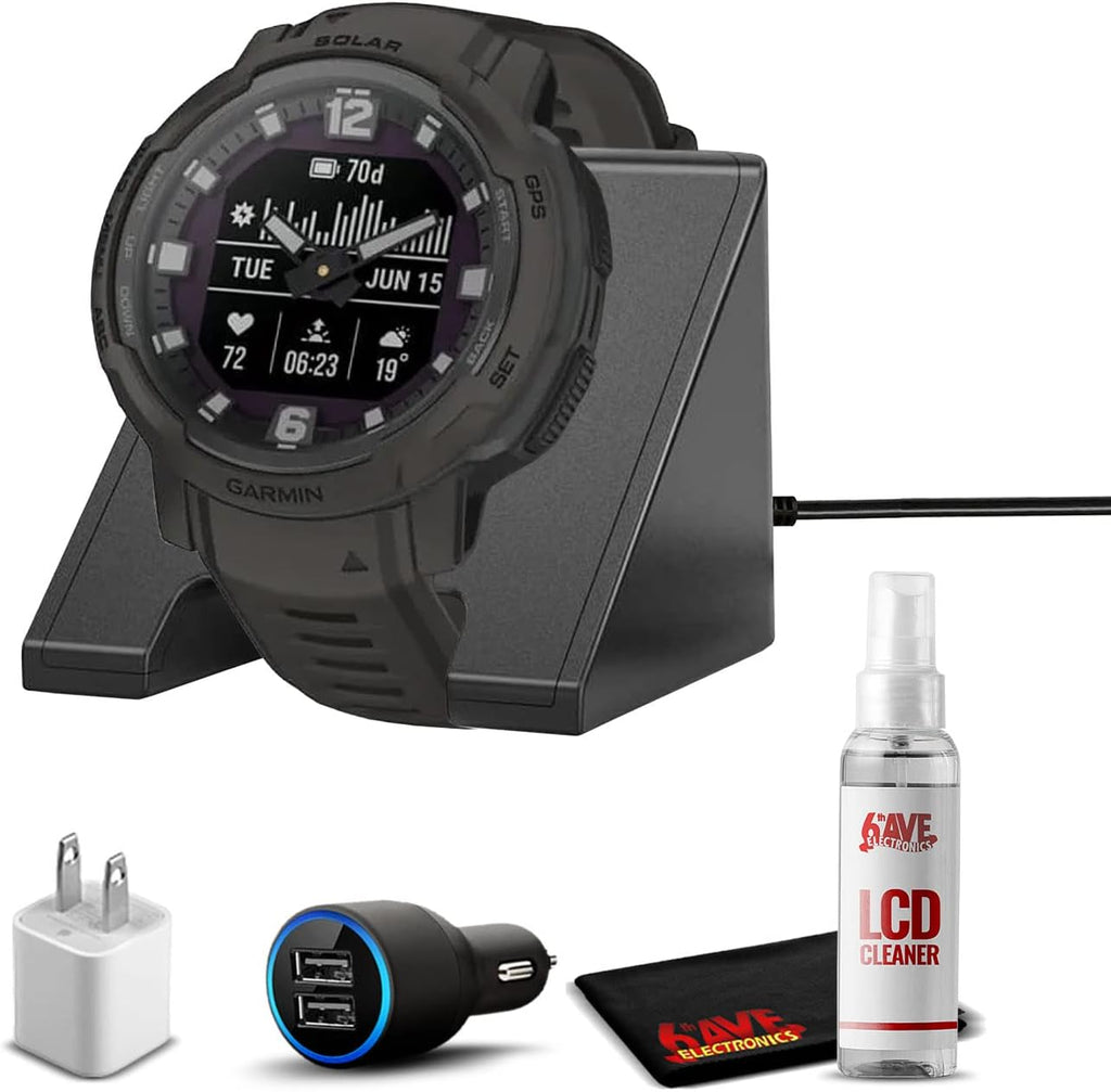Garmin Instinct Crossover Solar Rugged Hybrid Smartwatch with Solar Charging Capabilities Graphite with Watch Charging Stand, 2-Port Car Adapter, Wall-Adapter & Watch Cleaning Kit (010-02730-11)