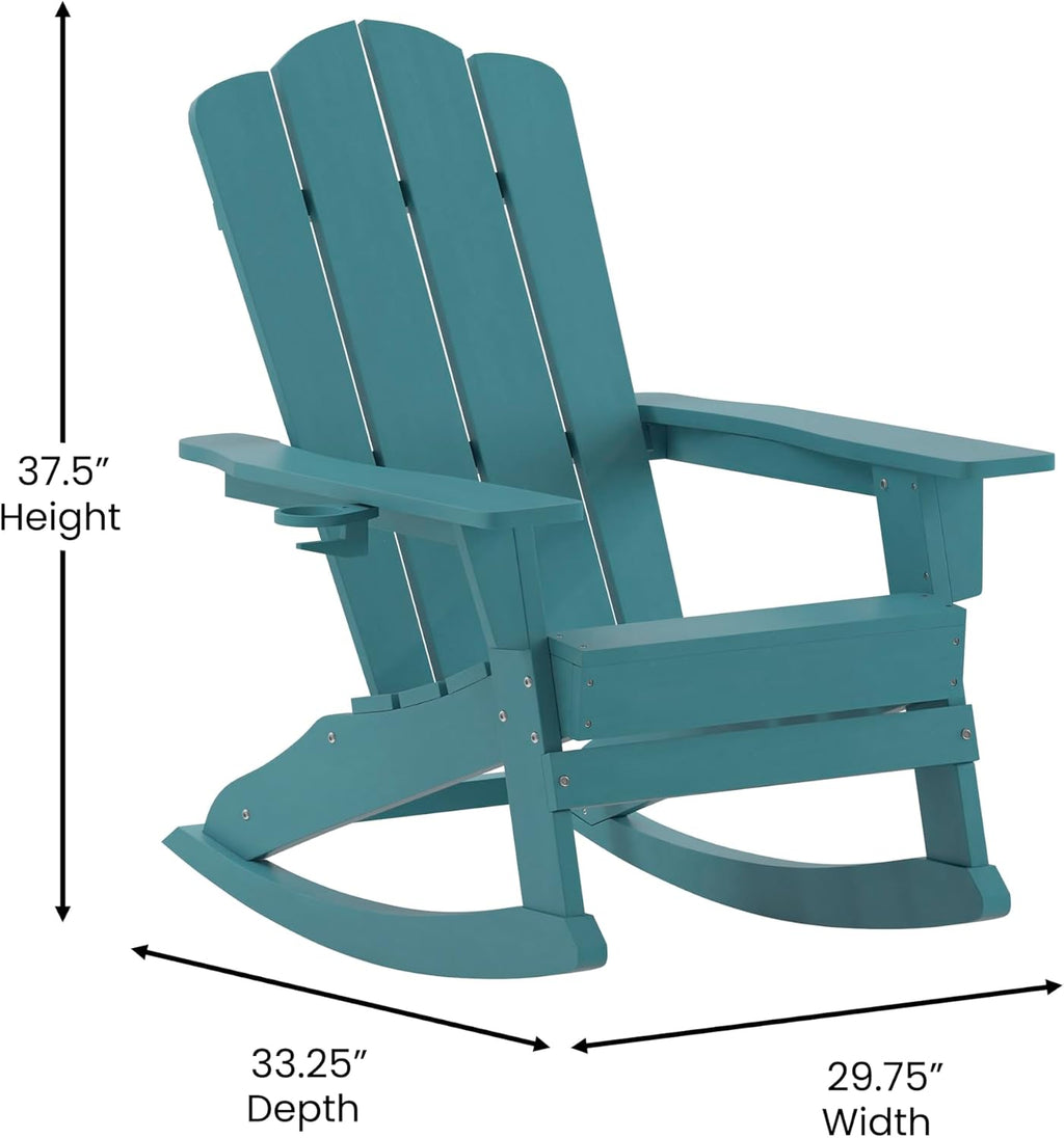 EMMA + OLIVER Tiverton Adirondack Rocking Chair with Cup Holder, Weather Resistant Poly Resin Adirondack Rocking Chair, Blue
