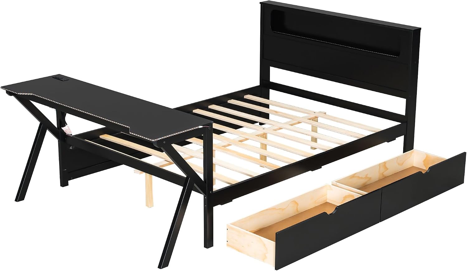 Harper & Bright Designs Full Size Gaming Loft Bed with Charging Station & LED Headboard, Built-in Desk with Outlets & USB/Type-C Ports, 2 Storage Drawers for Modern Living, Black
