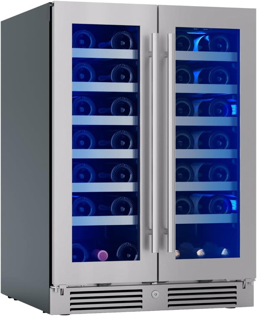 Zephyr Presrv 24' Wine Fridge Dual Zone Under Counter - Countertop Mini Wine Cooler Cellars Small Cabinet Wine Refrigerator Home Bar Chiller Freestanding with French Glass Door, 21 Bottles 750ml