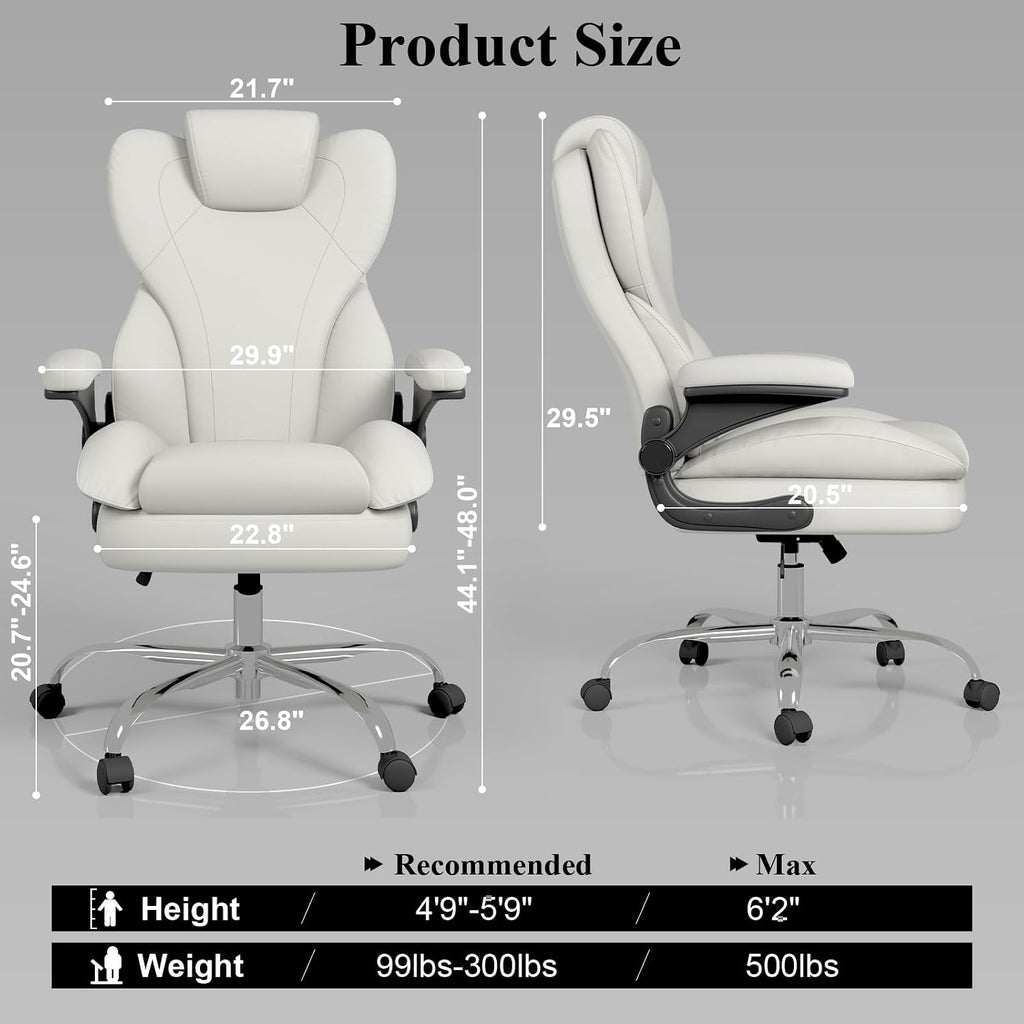 Office Desk Chair, Executive Leather Office Chair, High Back Ergonomic Home Desk Chair with Padded Flip-up Arms, Big and Tall Computer Chair with Rocking Function, 360°Swivel Free, White