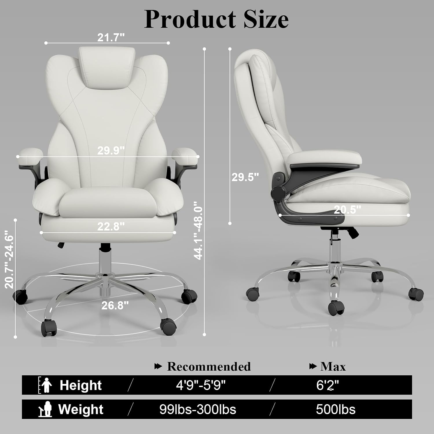 Office Desk Chair, Executive Leather Office Chair, High Back Ergonomic Home Desk Chair with Padded Flip-up Arms, Big and Tall Computer Chair with Rocking Function, 360°Swivel Free, White