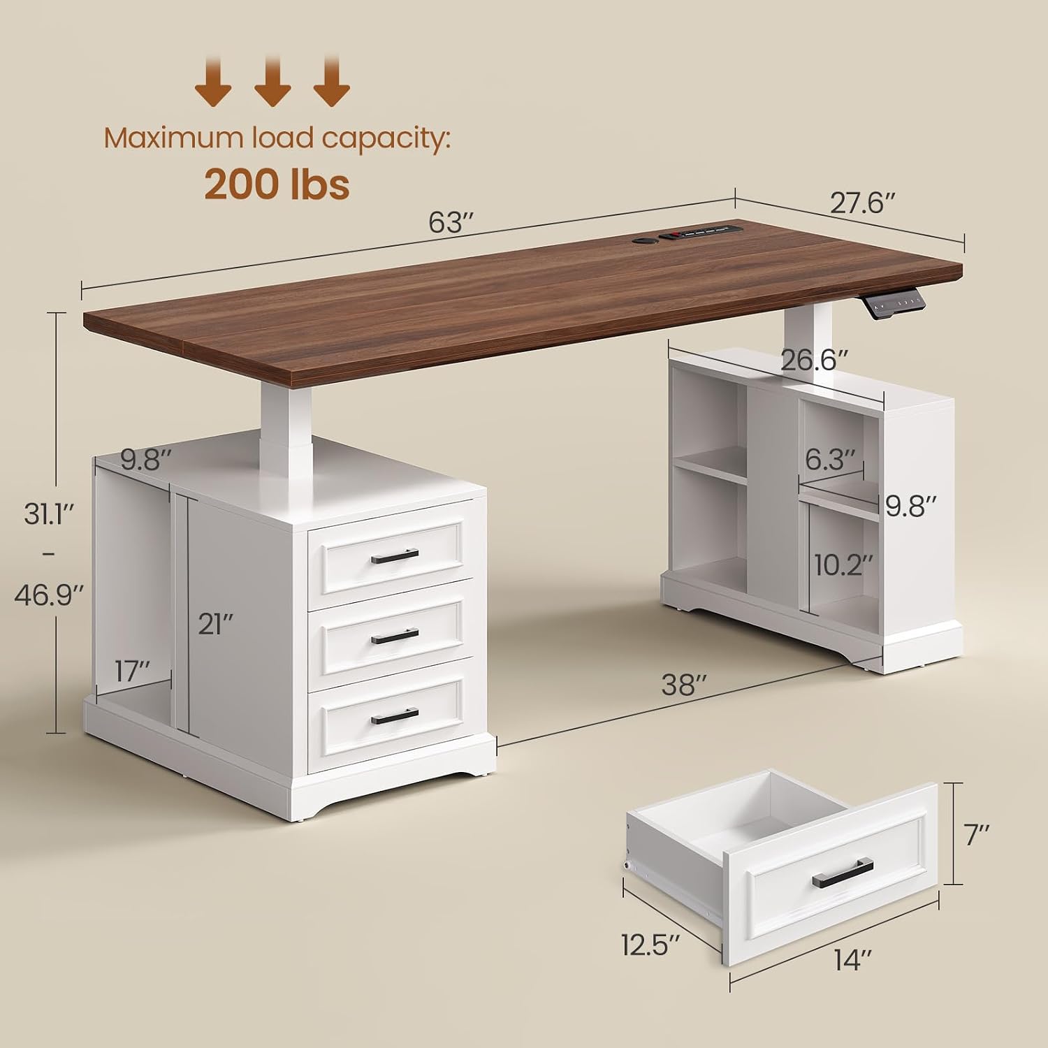 SEDETA Farmhouse Electric Standing Desk, 63' Height Adjustable Computer Desk with 3 Drawers, Storage Shelves, Power Outlets, Wood Home Office Stand up Desk for Work, Study, Writing, White