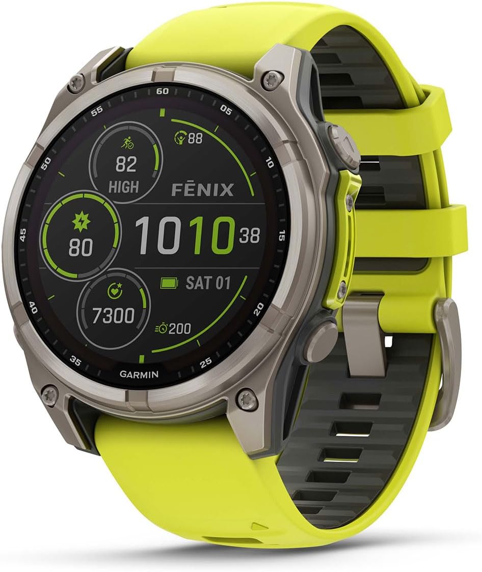 PlayBetter Garmin Fenix 8 Solar Sapphire (47mm, Titanium/Amp Yellow) Multisport GPS Smartwatch Bundle - 1.4' Touchscreen, Built-in LED Flashlight Wireless Running Earbuds