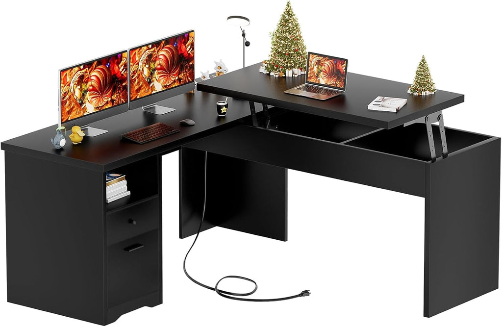 Unikito L Shaped Desk with Lift Top and Drawers, Large Office Desk with Power Outlets and USB Charging Ports, Sturdy Corner Computer Desk Writing Table with Storage, L Shape Standing Desk, Black