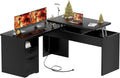 Unikito L Shaped Desk with Lift Top and Drawers, Large Office Desk with Power Outlets and USB Charging Ports, Sturdy Corner Computer Desk Writing Table with Storage, L Shape Standing Desk, Black
