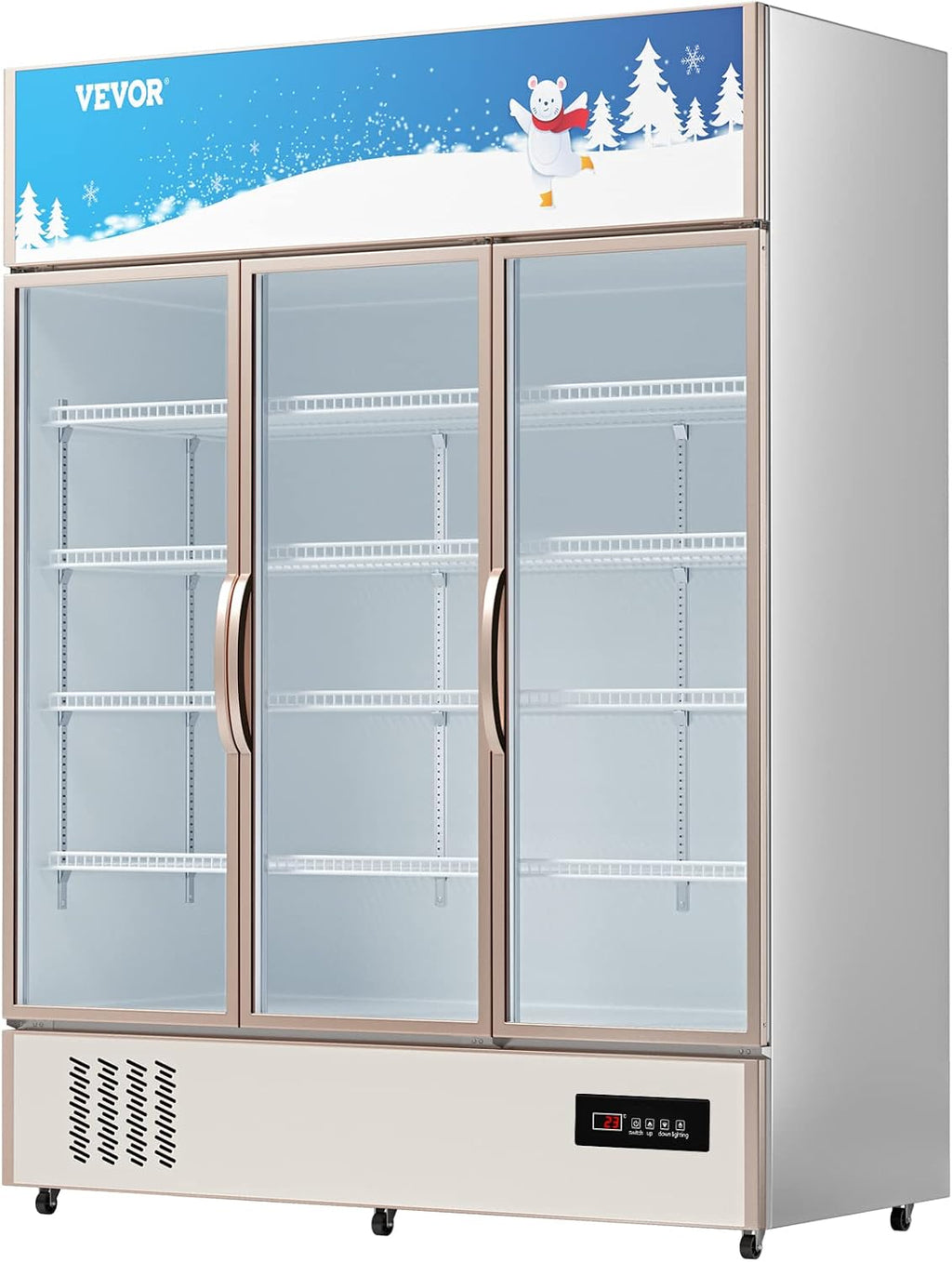 VEVOR Commercial Merchandiser Refrigerator Triple Glass Doors, Cubic Ft, Upright Display Beverage Cooler 79' Tall x 60' Width, Fridge with LED Lighting for Drink Wine Soda, Gold, 35 cu.ft