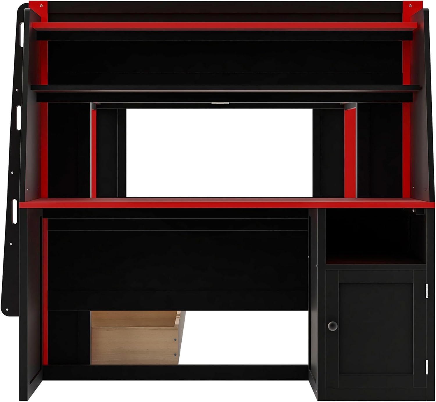 Full Size Multifunctional Bunk Bed with LED Light, Desk and Bookshelves, Drawers, Space-Saving Wooden Bunk Bed for Kids & Teens