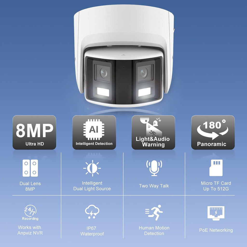 Anpviz 4K/8MP PoE Dual Lens Security Camera Outdoor 180 Degree Wide Angle,180° Panoramic IP Wired Camera with Human/Vehicle Detection, Two-Way Talk, Built-in Micro SD Card Slot, IP67Metal（H Series）
