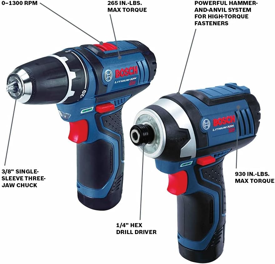 Bosch 40 Piece Impact Tough Drill Driver Custom Case System Set DDMS40 with Bosch Power Tools Combo Kit CLPK22-120 - 12-Volt Cordless Tool Set (Drill/Driver and Impact Driver)