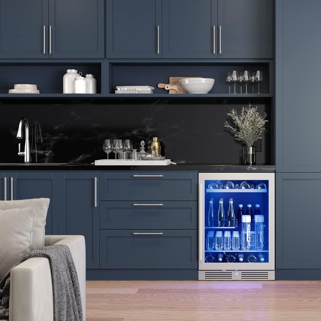 Zephyr Presrv 24 Inch Beverage and Wine Fridge Single Zone Under Counter, Built-in Drink Refrigerator, 7 Bottles, 108 x12oz Cans