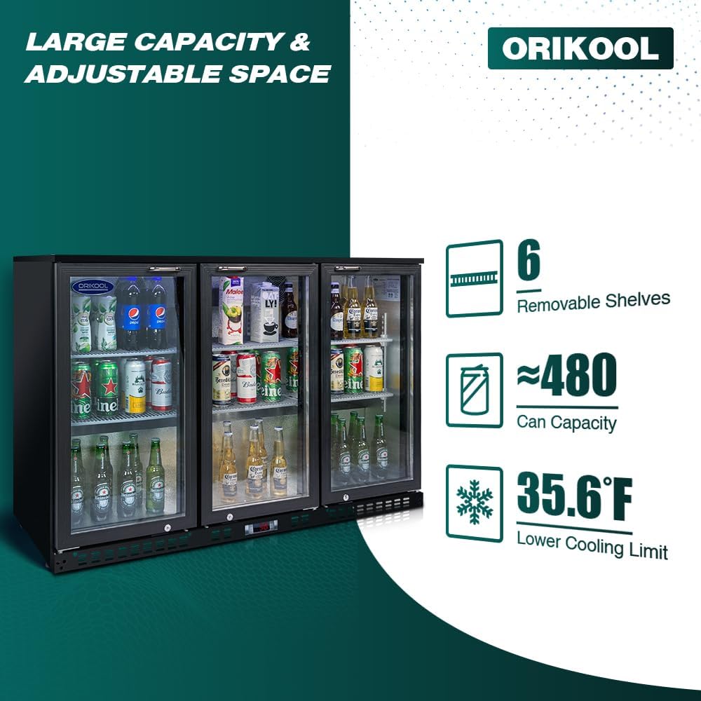 Back Bar Cooler - 480 Can Capacity Beverage Refrigerators, 3 Hinged Glass Doors, LED Lighting, Adjustable Shelves, Safety Door Lock, Perfect for Bars, Restaurants & Home