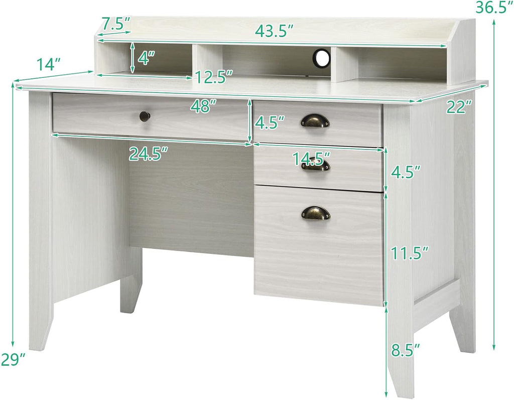 Tangkula White Desk with 4 Storage Drawers & Hutch, Home Office Computer Vintage Desk, Writing Study Table with Storage Shelves, Wooden Executive Desk (White)