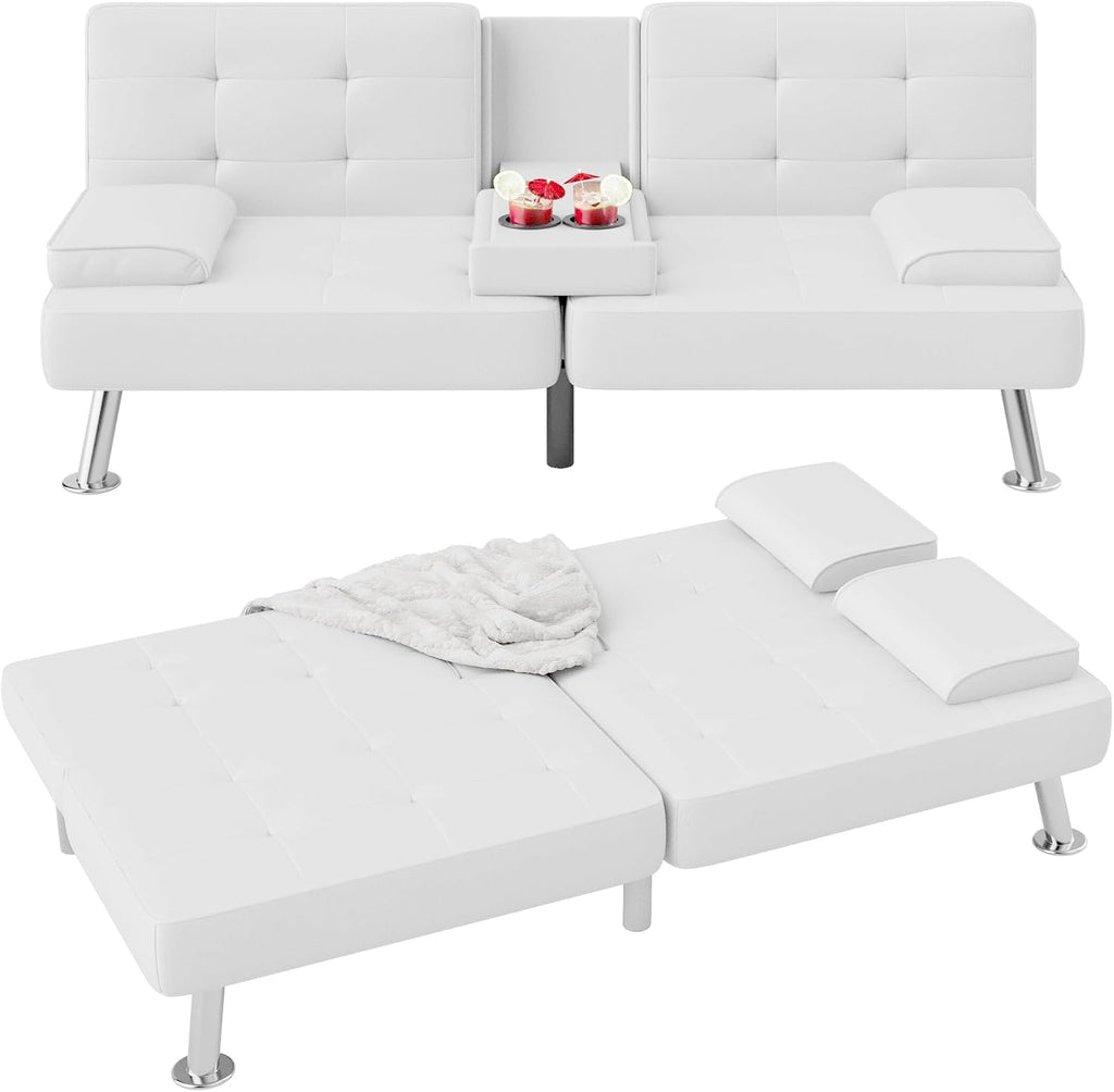 Flamaker Futon Sofa Bed Modern Folding Futon Set PU Leather Convertible Recliner Lounge for Living Room with 2 Cup Holders, Removable Armrests (PU Leather, White)