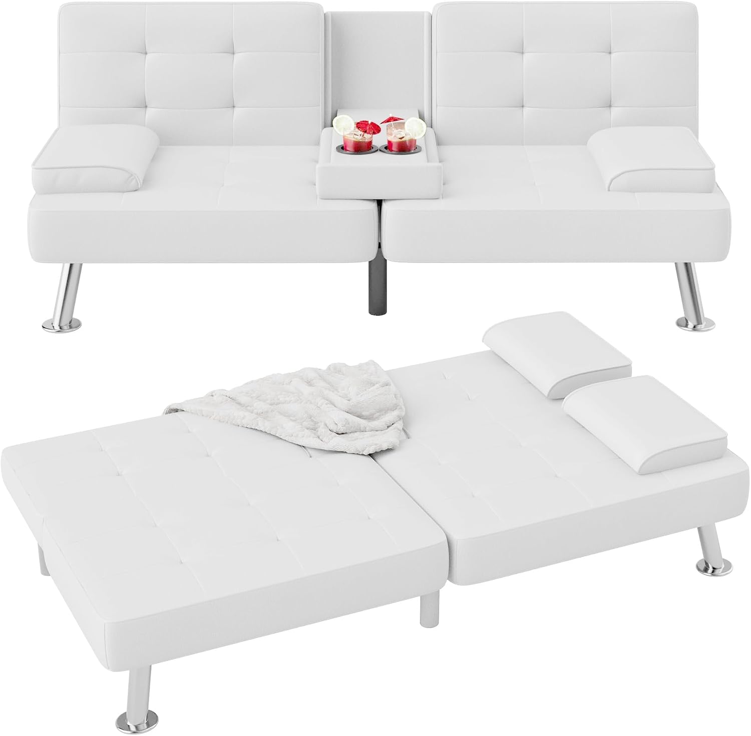 Flamaker Futon Sofa Bed Modern Folding Futon Set PU Leather Convertible Recliner Lounge for Living Room with 2 Cup Holders, Removable Armrests (PU Leather, White)