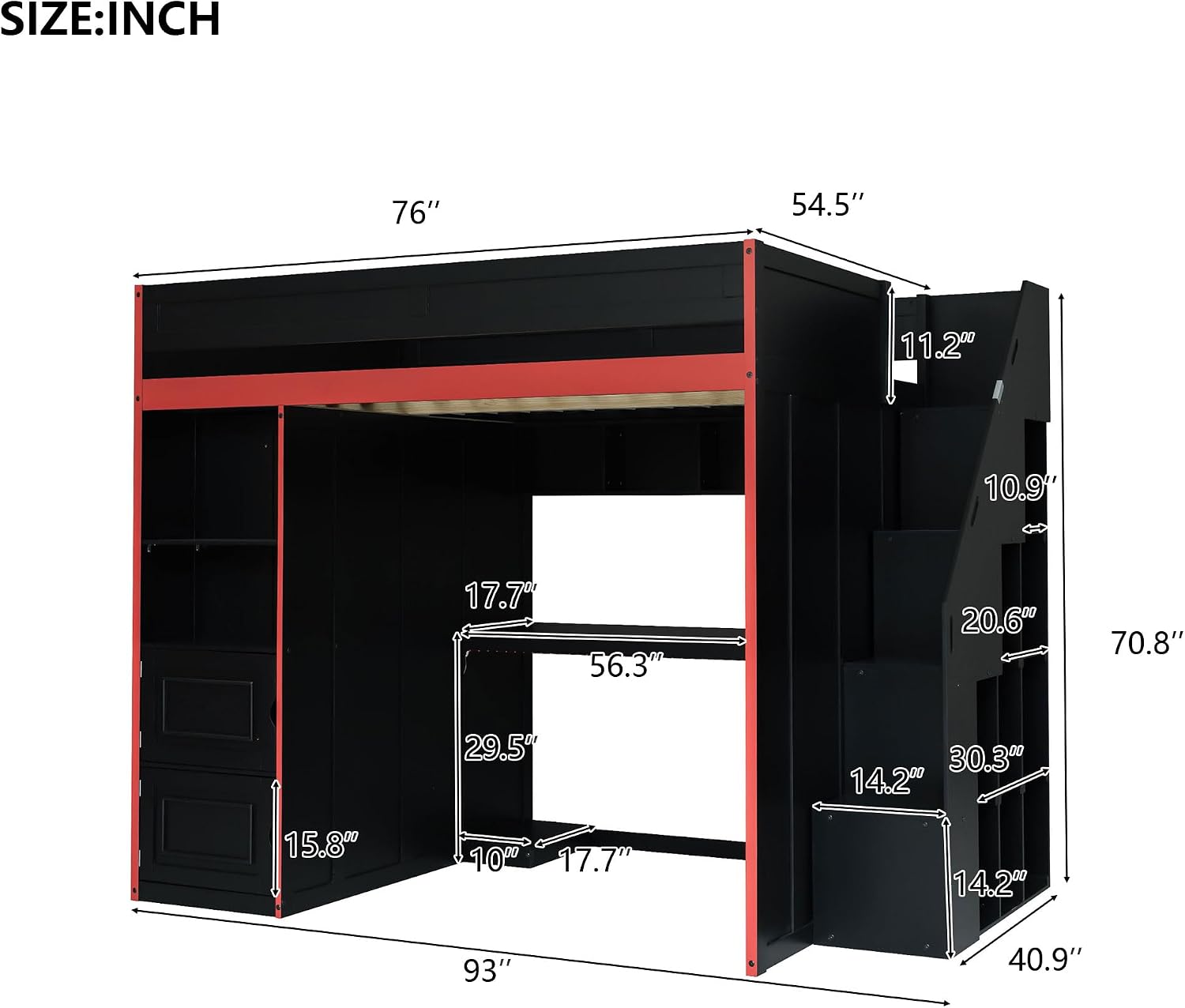 SOFTSEA Full Size Gaming Loft Bed with Desk & Storage Stairs, Solid Wood Loft Bed with LED Lights, Wardrobe and Shelves, Space-Saving Gaming Bed for Kids Teens Adults, Black + Red