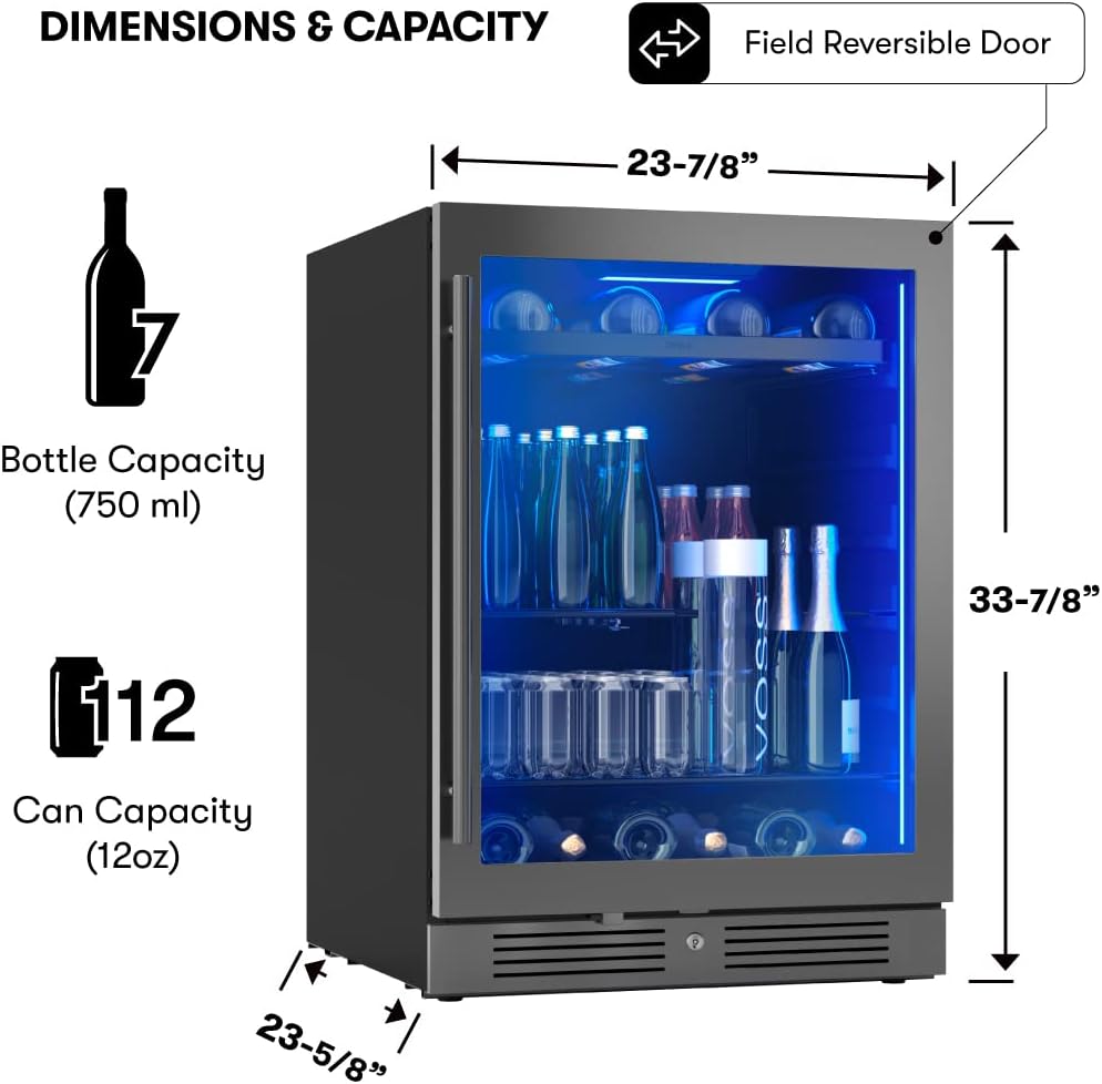 Zephyr 24' Wine Fridge & Beverage Refrigerator Single Zone Under Counter - Mini Wine Cooler Cellars Small Beer Cabinet Drink Chiller Freestanding with French Glass Door Black, 7 Bottles, 112 Cans