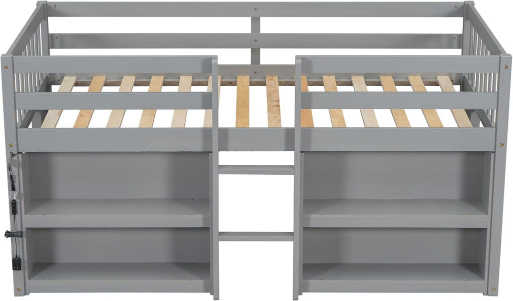 SOFTSEA Twin Size Low Loft Bed with 2-Tier Shelves and LED Light, Wood Loft Bed Frame with Guardrails for Kid, Gray