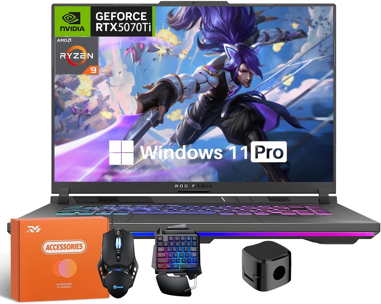 ASUS ROG Strix G16 Gaming Laptop, GeForce RTX 5070 Ti 12GB GDDR7, AMD Ryzen 9 8940HX Processor(Up to 5.3 GHz), 16' LED 165Hz WQXGA, 64 GB DDR5 RAM, 1 TB SSD, Backlit KB, Windows 11 Pro,w/Accessories