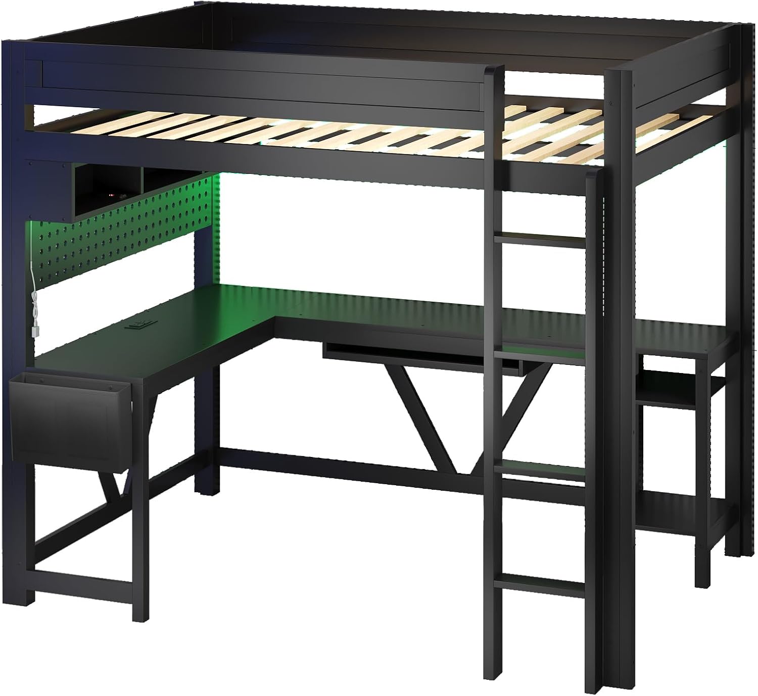 Unique Wood Full Size Gaming Loft Bed with Desk and Storage Shelves,LED and Charging Station,for Kids Teens Adults Bedroom Use (Black/LED, Full)