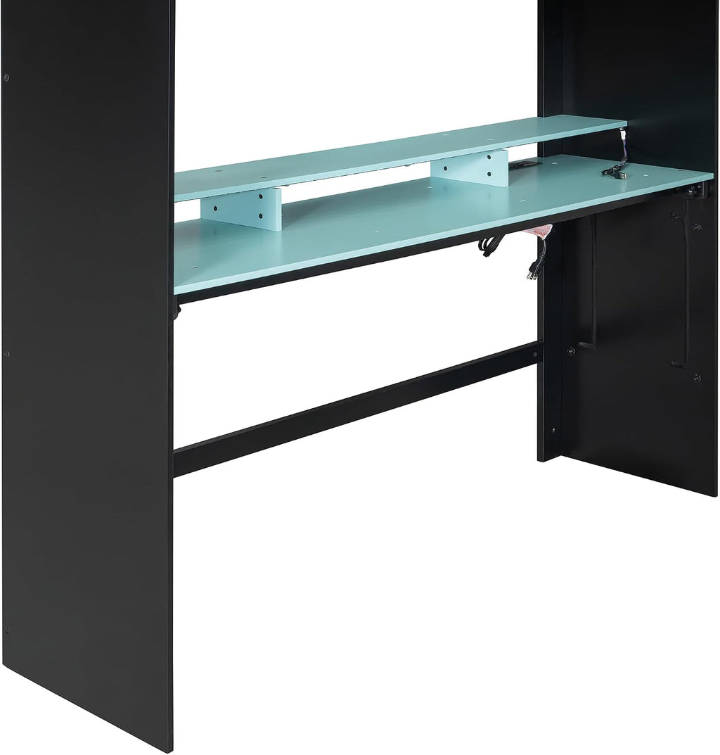 Full Size Gamer Loft Bed with Height-Adjustable Desk,Wardrobe,Ample Storage Space,and RGB Light, Wooden Bunk Bed for Gaming Setup (Cloud Blue/A1)