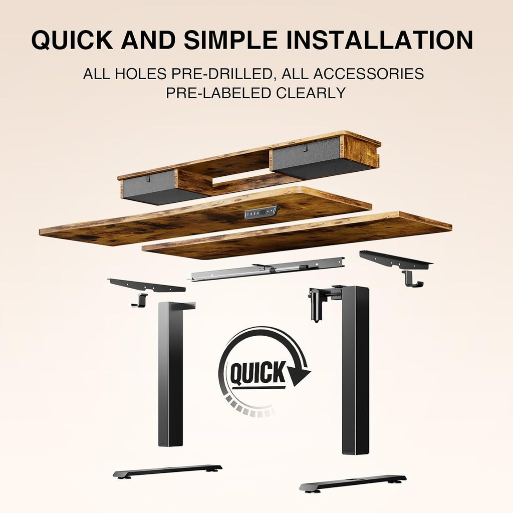 Veken 47.2'×27.6' Standing Desk with Storage Drawers, Adjustable Height Computer Table with Monitor Shelf, Home Office Desk for Study, Gaming, Workstation, Brown