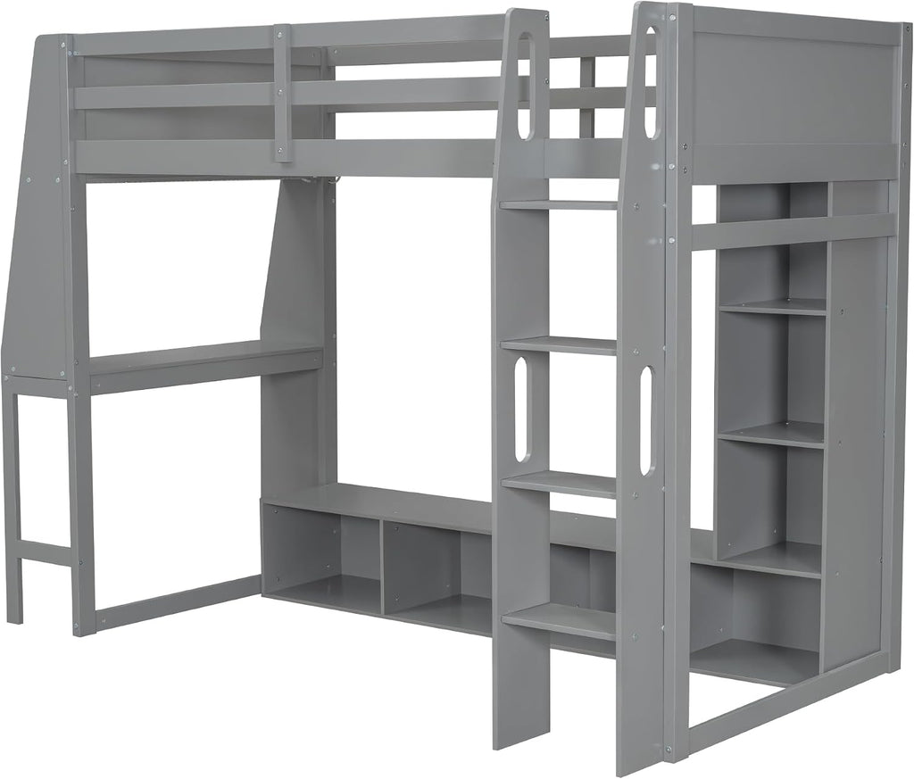 VilroCaz Modern Twin Size Gaming Loft Bed with Desk and Multi-Storage Shelves, Wood Loft Bed Frame with Workstation and a Hanging Clothes Rack, Maximize Space Saving (Twin)