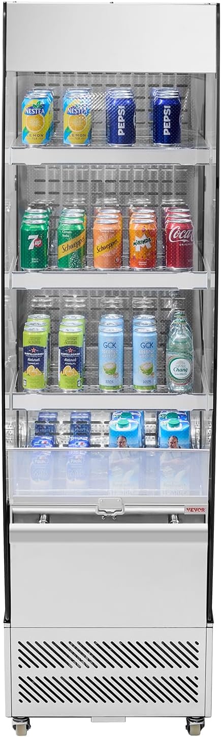 VEVOR Open Air Merchandiser, 3-Tier Shelving Commercial Refrigerator, Grab and Go Display Cooler Refrigerator with Air Curtain, 4 Swivel Wheels, LED Light, for Restaurants, Stores, Office, 7.8cu.ft.