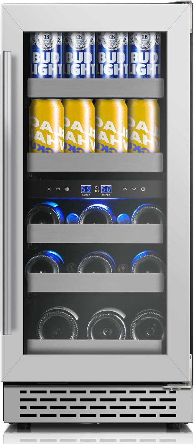 15 Inch Wine and Beverage Refrigerator,13 Bottle & 48 Cans Dual Zone Beverage Fridge with Reversible Glass Door,Freestanding/Under Counter Wine Fridge with 360 Air Cooling for Home Bar Office