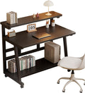 31.5 Inch Office Desk, Rolling Small Computer Desk with Monitor Stand and Storage Shelves, Small Desk for Bedroom & Home Office,Portable writing desk on Wheels for Small Spaces
