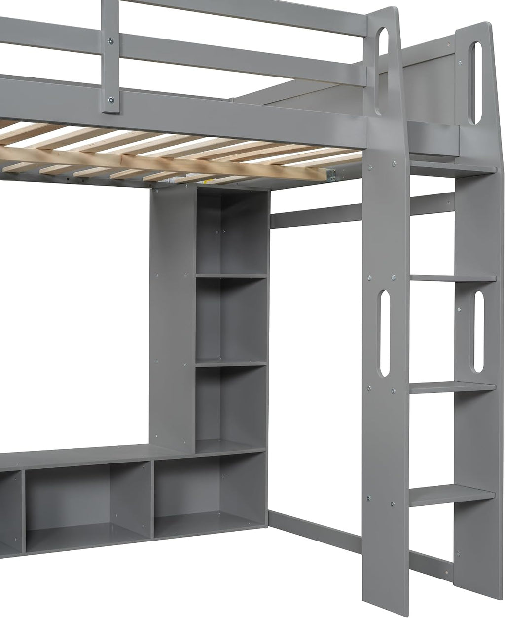 Solid Wood Gaming Loft Bed Full Size with Desk & Shelves & Hanging Rack & LED,Esports Design for PC & Console Gamers,Space Saving Loft Bed Frame with Guardrails & Ladder,No Box Spring Needed,Gray