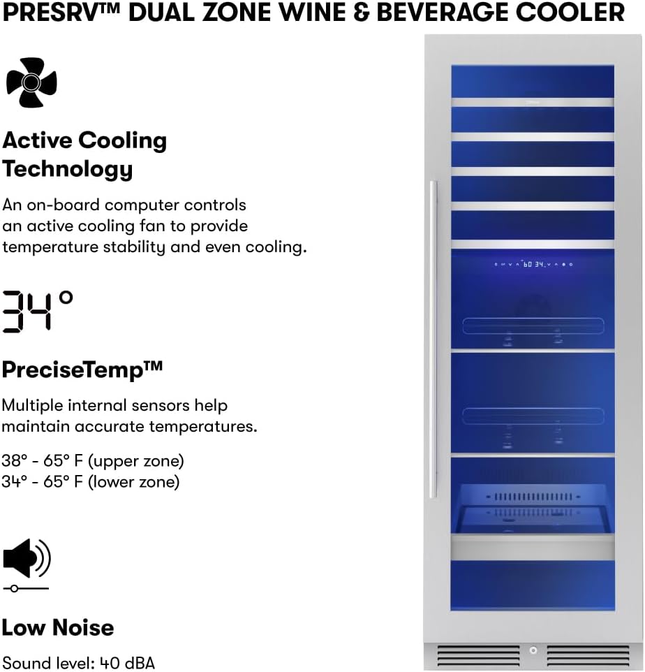Zephyr 24 Inch Wine Fridge & Beverage Refrigerator Dual Zone Full Size - Tall Wine Cooler Cellars Large Bar Drink Cabinet Freestanding with Glass Door - 161x12oz cans & 54x750 ml bottles