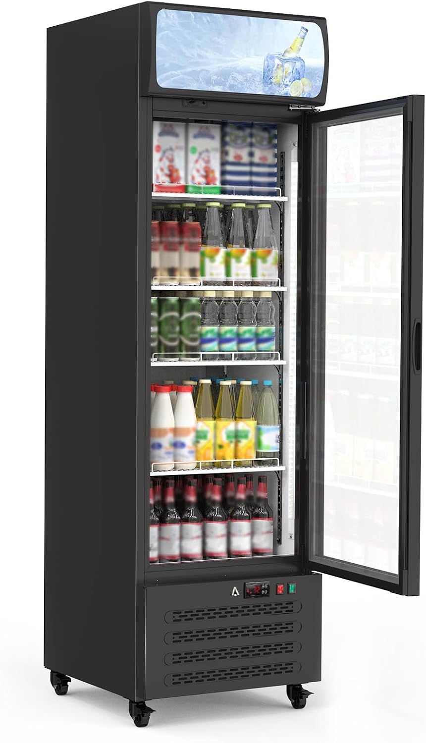 IDEALHOUSE 13.4 Cu.Ft Commercial Display Refrigerator, Single Glass Door Beverage Cooler with 4 Adjustable Shelves & LED Lighting, Black Drink Fridge for Store or Home