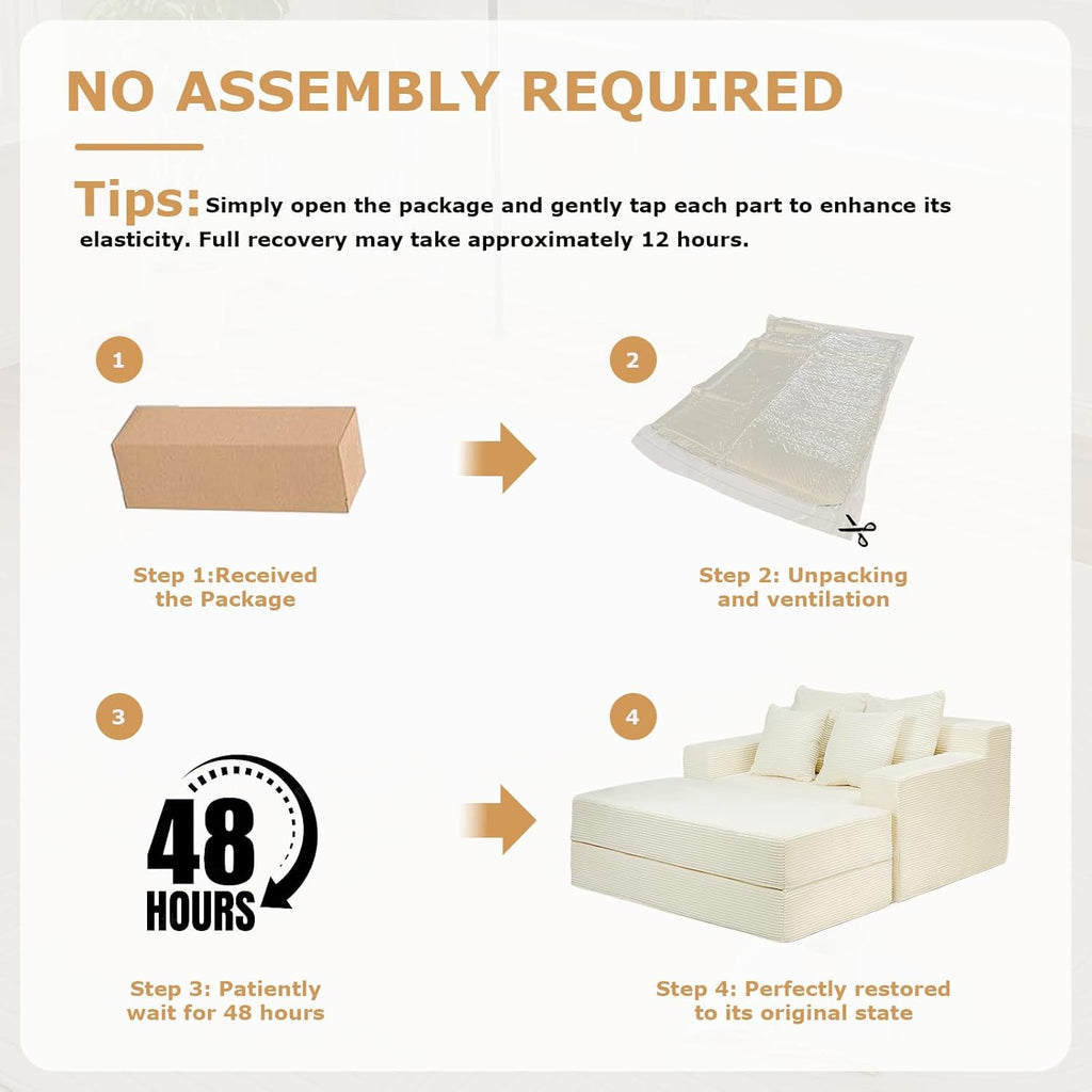 Convertible Futon Sofa Bed with Ottoman, 5 in 1 Folding Couch Bed Loveseat Sleeper, Corduroy Boneless Couch with Deep Seat for Living Room Chaise Lounge Chair Indoor, No Assembly Required, Beige