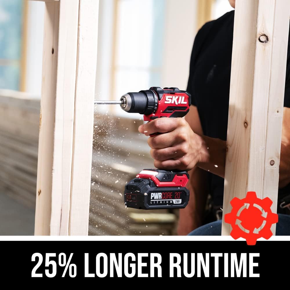 SKIL PWR CORE 20 Brushless 20V Compact Variable-Speed Drill Driver Kit with 1/2-Inch Single-Sleeve, Keyless Ratcheting Chuck & LED Worklight, Includes 2.0Ah Battery and PWR Jump Charger - DL6293B-10