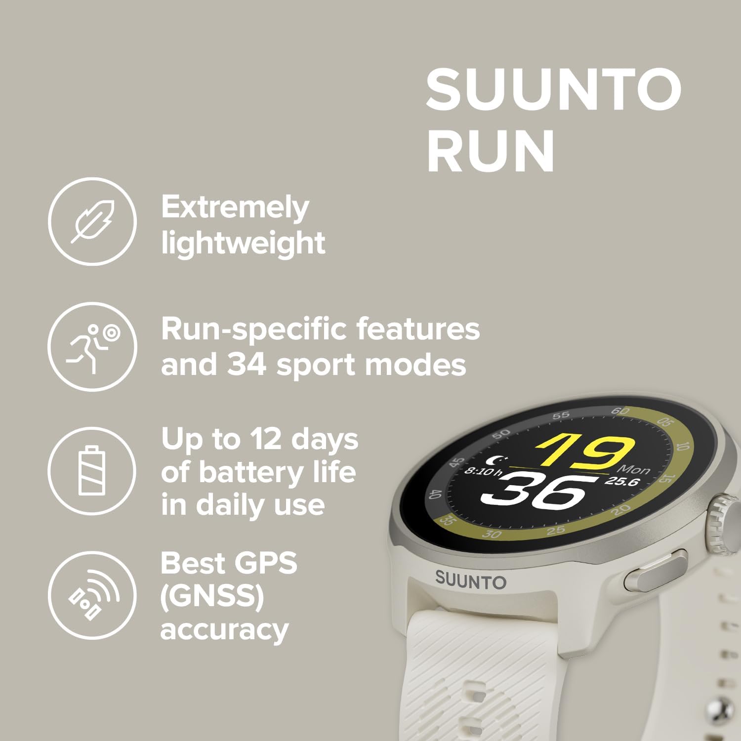 SUUNTO Run Running GPS Sports Watch with Silicone Strap, 1.32' AMOLED Touchscreen w/Crown Button, Wrist Heart-Rate & Sleep Health Tracking, Frost Gray