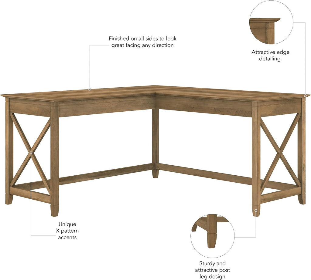 Bush Home Key West 60W Modern Farmhouse L Shaped Desk in Reclaimed Pine, 60-Inch Corner Computer Table for Home Office Workspace