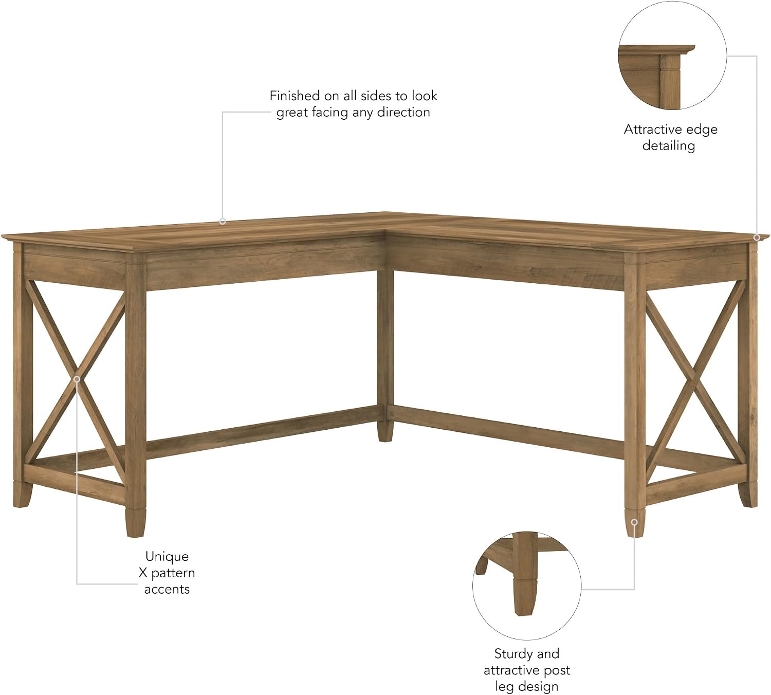 Bush Home Key West 60W Modern Farmhouse L Shaped Desk in Reclaimed Pine, 60-Inch Corner Computer Table for Home Office Workspace