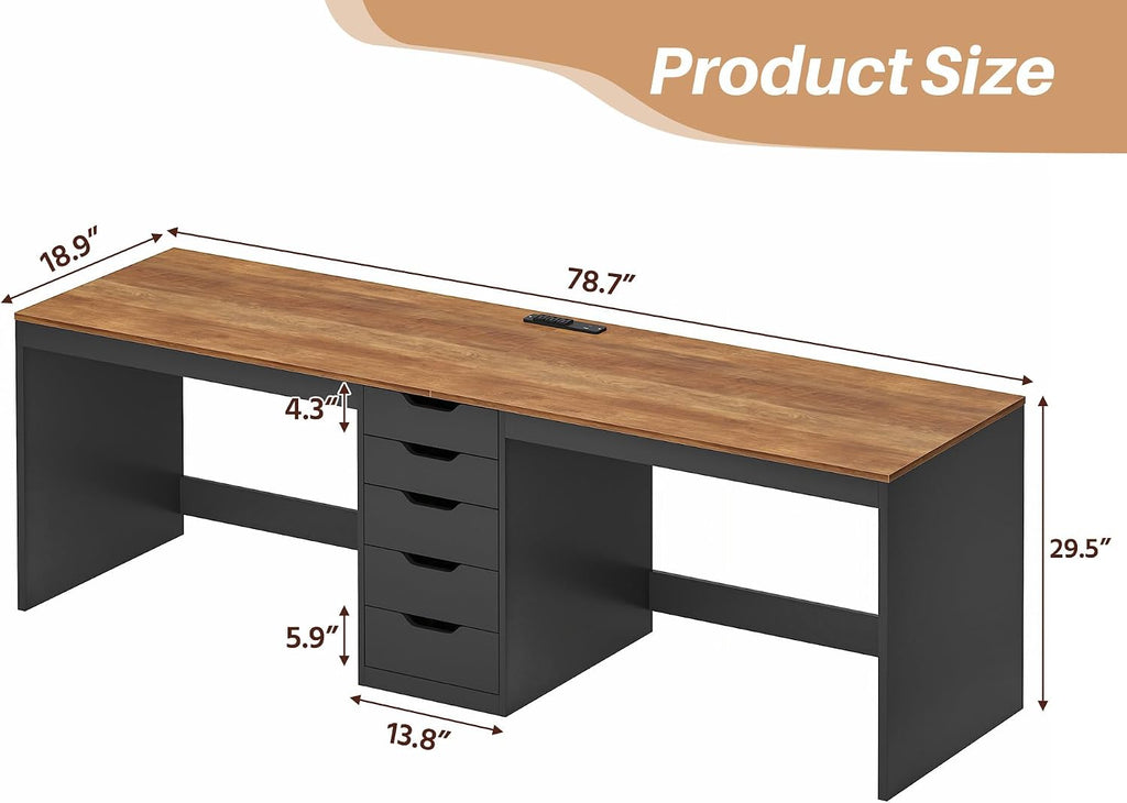 YOMILUVE 2 Person Desk with 5 Drawers and Power Outlets, 78.7 Inch Long Computer Desk with Storage File Cabinet, Two Person Home Office Double Desk with Storage, Brown and Black