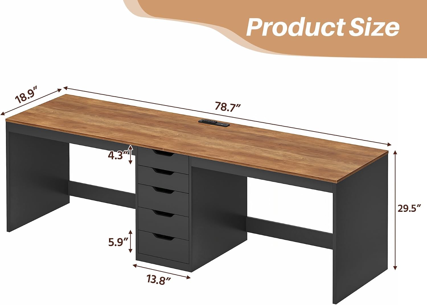 YOMILUVE 2 Person Desk with 5 Drawers and Power Outlets, 78.7 Inch Long Computer Desk with Storage File Cabinet, Two Person Home Office Double Desk with Storage, Brown and Black