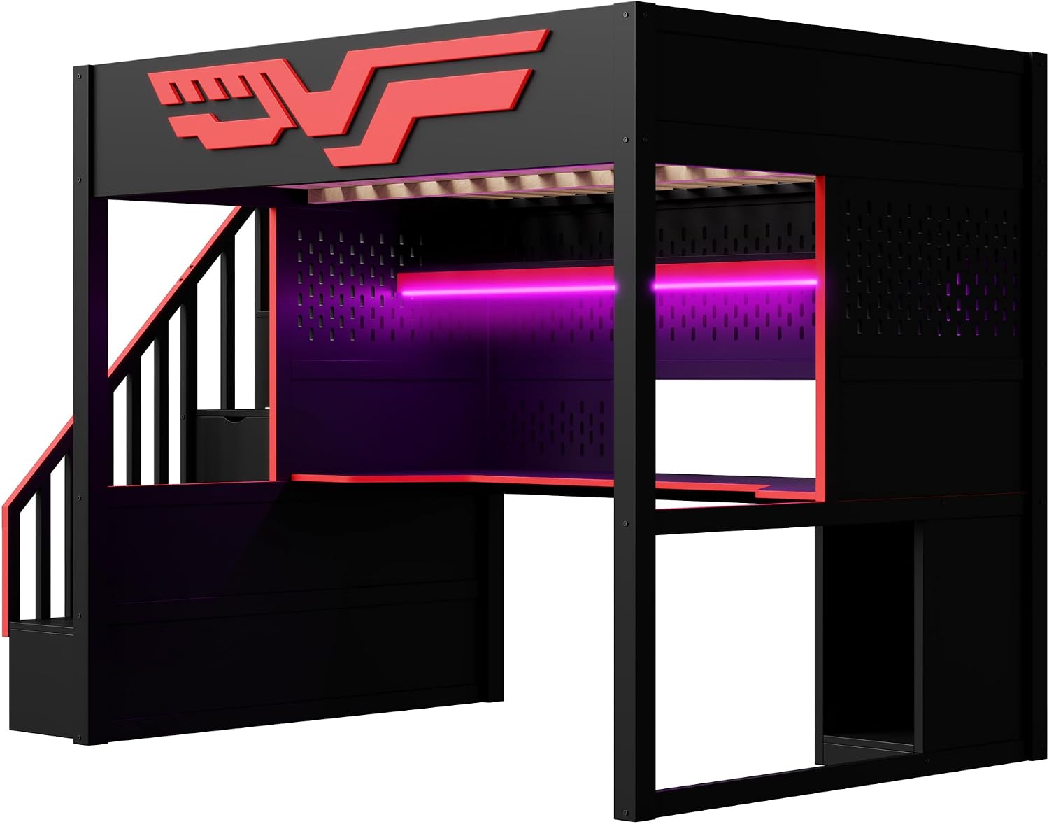 Merax Full Szie Gaming Loft Bed with Desk and Storage Staircase,LED Lights and USB, Red+Black