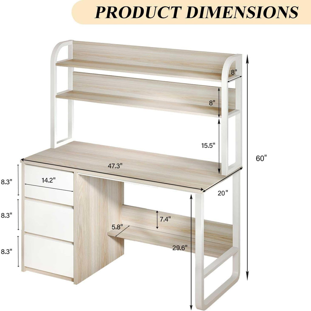 MaverickFurni Computer Desk with Hutch, 47 Inch Small Desk with 3 Drawers for Bedroom, Study Writing Desk with Shelves for Small Spaces, Adjustable Feet, Light Walnut